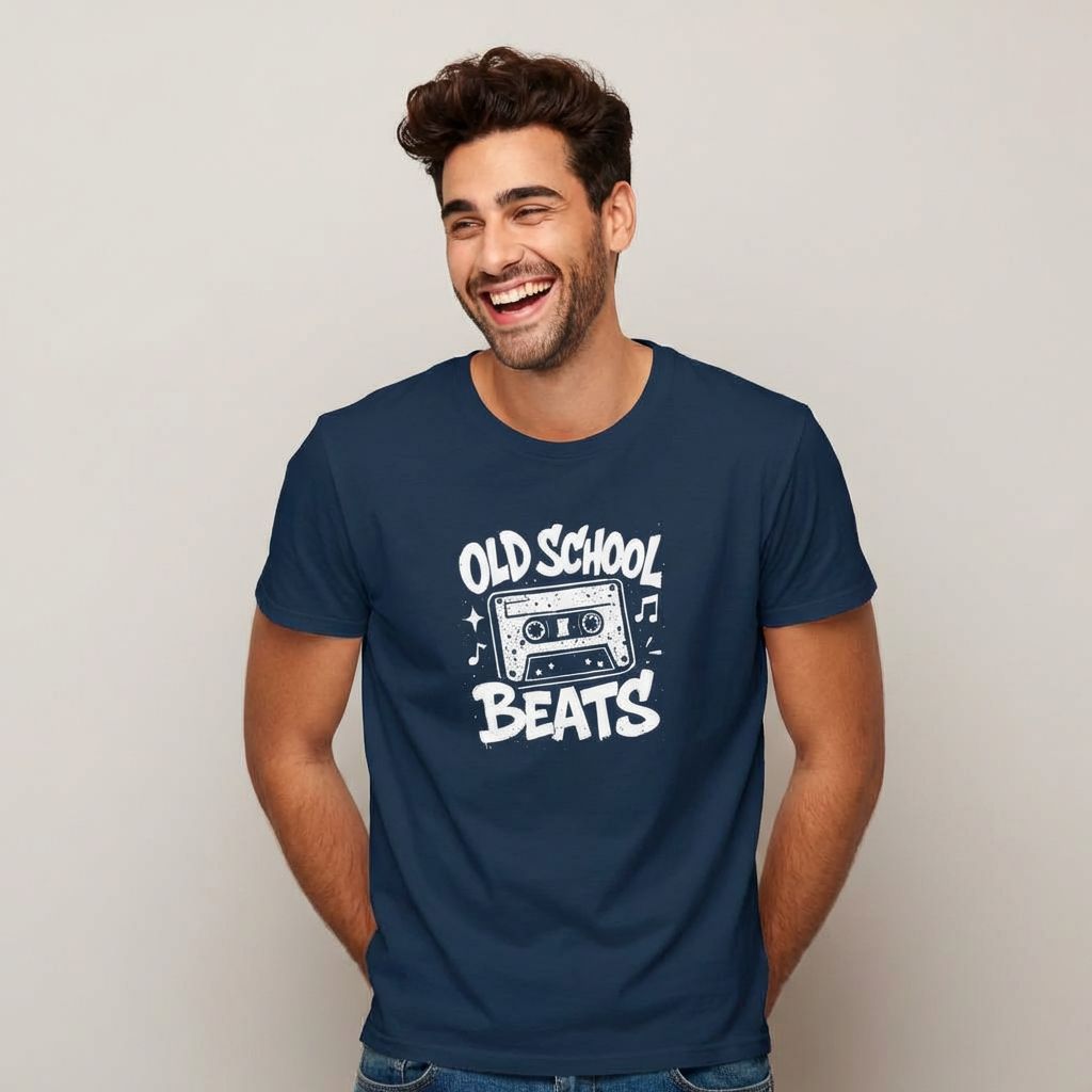 Man wearing a navy blue t-shirt with 'Old School Beats' design on a plain background