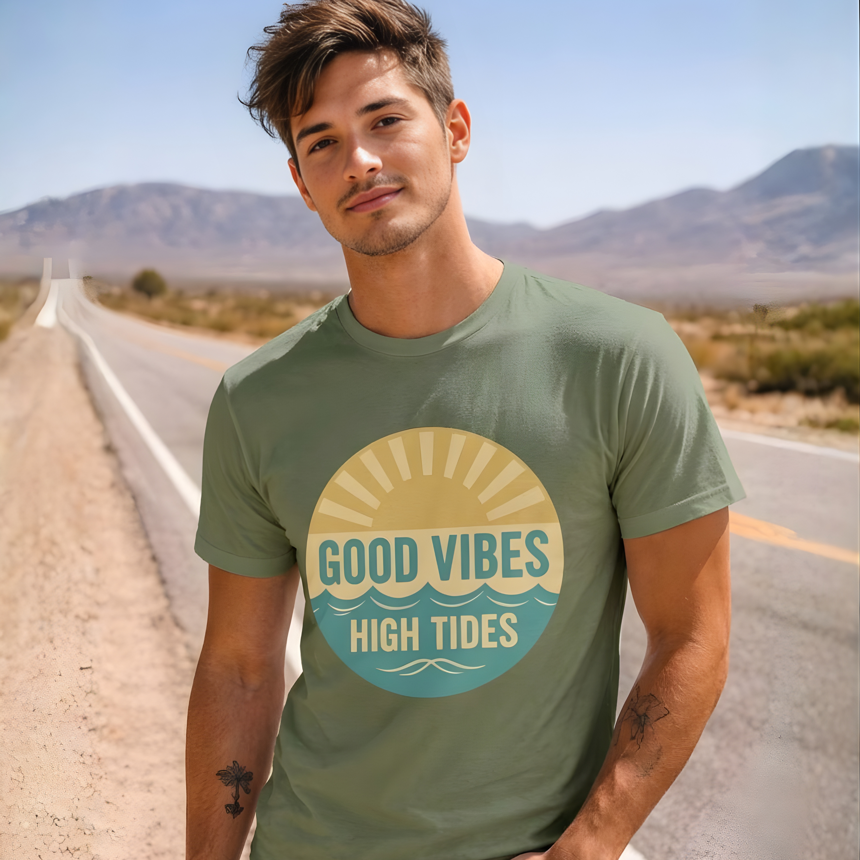 Man wearing a green t-shirt with 'Good Vibes High Tides' graphic in a desert setting