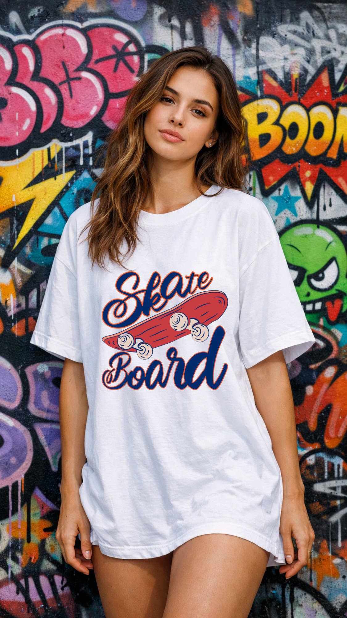 Woman wearing a white t-shirt with 'Skate Board' graphic in front of a colorful graffiti wall.