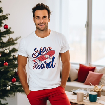 Man wearing a white t-shirt with 'Skate Board' design in a living room with a Christmas tree.