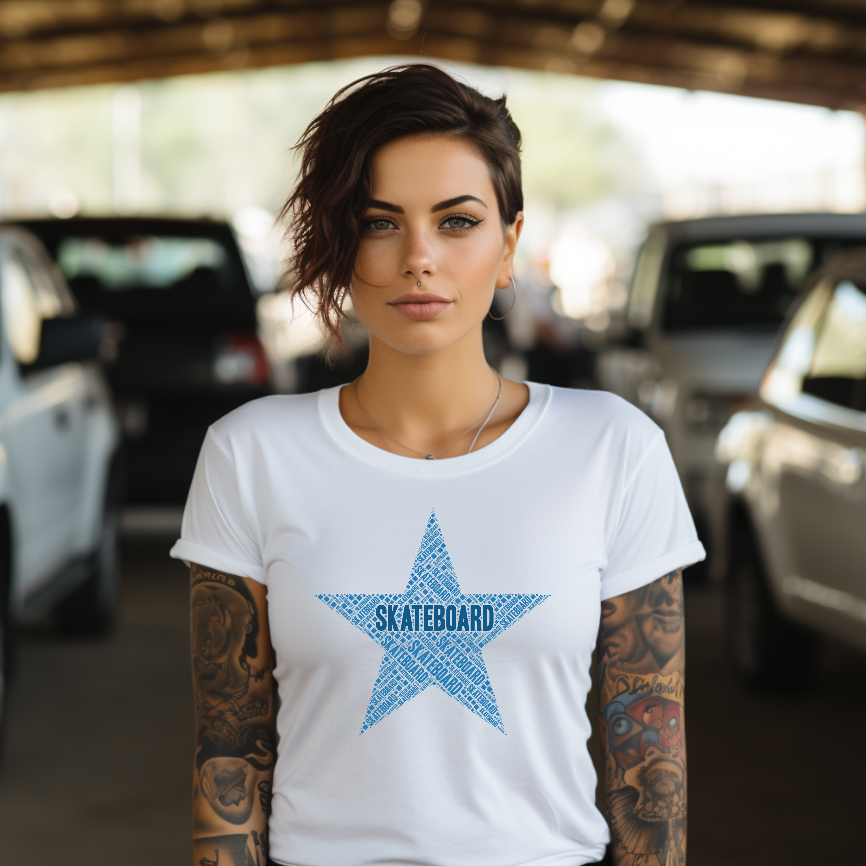 Woman wearing a white skateboard t-shirt with a blue star design in a parking garage.