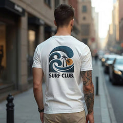 Man wearing a white t-shirt with a 'Surf Club' logo on a city street.