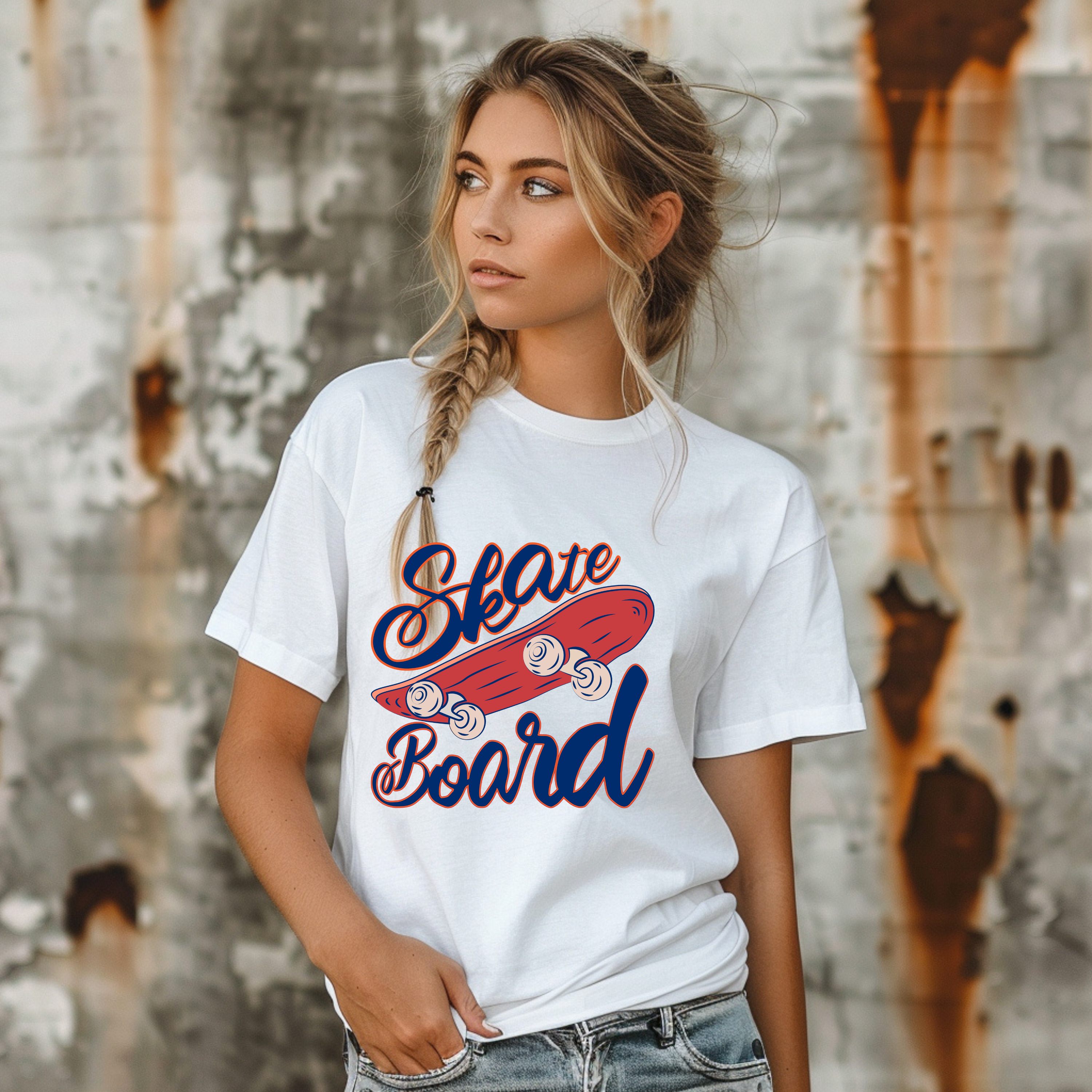 Woman wearing a white t-shirt with 'Skate Board' design against a textured wall.