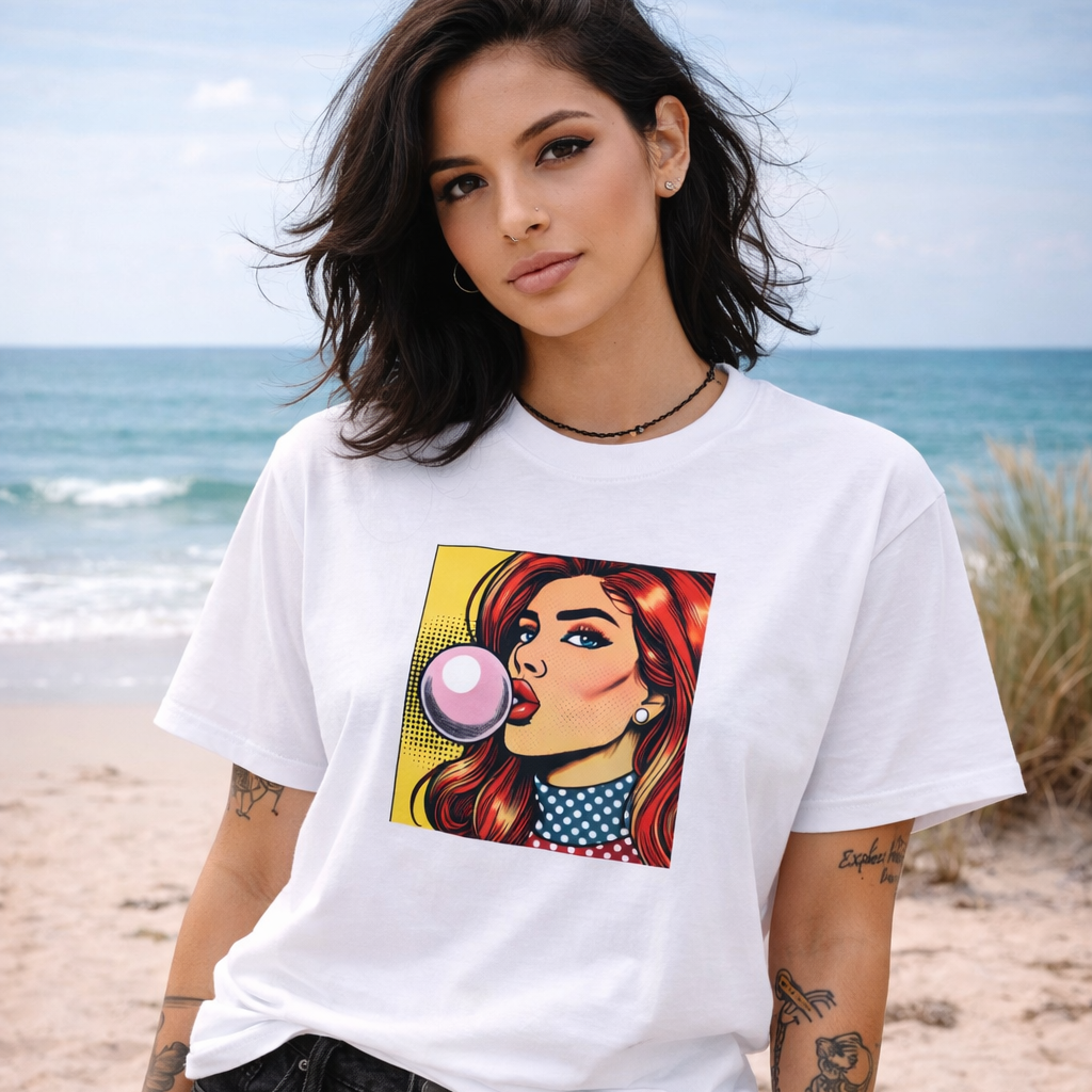 Woman wearing a white pop art t-shirt with a graphic design on a beach